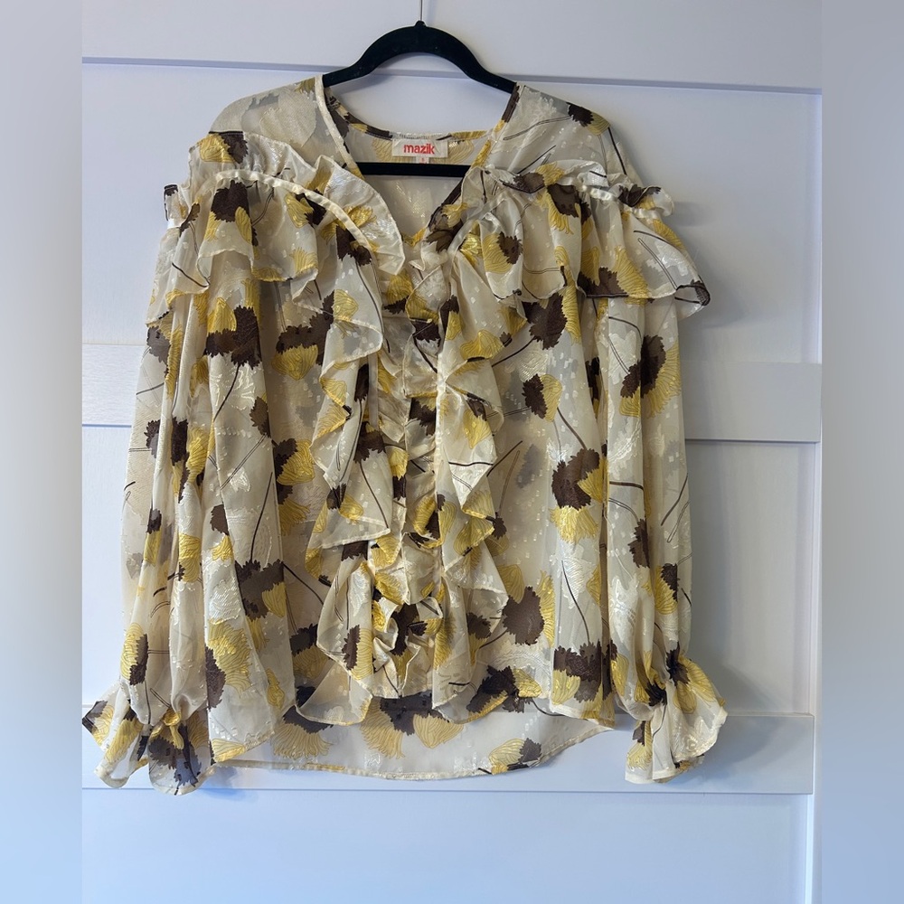 Mazik Floral Ruffle Blouse - Cream, Brown, and Yellow